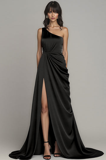 One Shoulder Satin Black Long Formal Dress with Slit